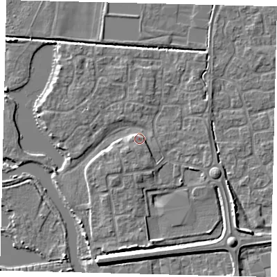 Shaded relief map of the ground around PE192LH, computed from Environment Agency LiDAR. The ground here sits at about 18 m above sea level and falls 7 m across the surrounding 800 m. Surface water reaching this point runs off ground lying to the south-east, 1.6 m higher.