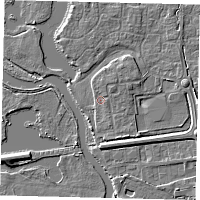 Shaded relief map of the ground around PE192LJ, computed from Environment Agency LiDAR. The ground here sits at about 17 m above sea level and falls 6 m across the surrounding 800 m. Surface water reaching this point runs off ground lying to the north-east, 1.8 m higher.