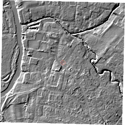 Shaded relief map of the ground around PE192NA, computed from Environment Agency LiDAR. The ground here sits at about 16 m above sea level and falls 7 m across the surrounding 800 m. Surface water reaching this point runs off ground lying to the south-south-east, 4.2 m higher.