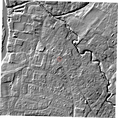 Shaded relief map of the ground around PE192NB, computed from Environment Agency LiDAR. The ground here sits at about 18 m above sea level and falls 8 m across the surrounding 800 m. Surface water reaching this point runs off ground lying to the south-south-east, 4.0 m higher.