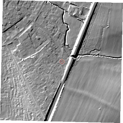 Shaded relief map of the ground around PE192PD, computed from Environment Agency LiDAR. The ground here sits at about 19 m above sea level and falls 15 m across the surrounding 800 m. Surface water reaching this point runs off ground lying to the south-south-west, 8.9 m higher.