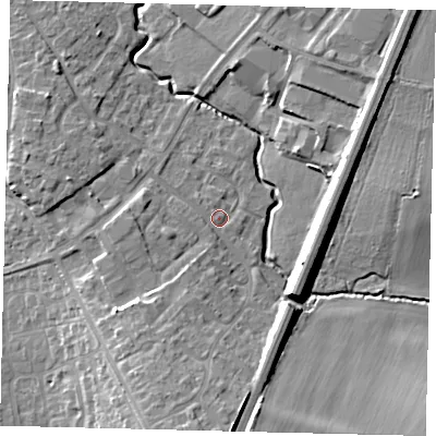 Shaded relief map of the ground around PE192PE, computed from Environment Agency LiDAR. The ground here sits at about 18 m above sea level and falls 13 m across the surrounding 800 m. Surface water reaching this point runs off ground lying to the south-south-west, 7.0 m higher.