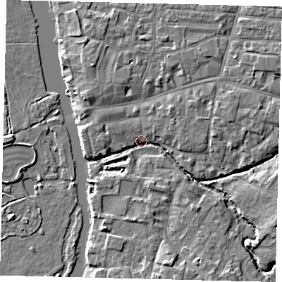 Shaded relief map of the ground around PE192PH, computed from Environment Agency LiDAR. The ground here sits at about 15 m above sea level and falls 5 m across the surrounding 800 m. Surface water reaching this point runs off ground lying to the south-south-east, 5.1 m higher.