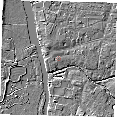 Shaded relief map of the ground around PE192PJ, computed from Environment Agency LiDAR. The ground here sits at about 16 m above sea level and falls 5 m across the surrounding 800 m. Surface water reaching this point runs off ground lying to the north-west, 1.2 m higher.