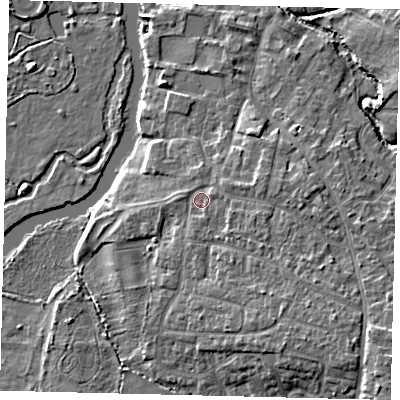 Shaded relief map of the ground around PE192PS, computed from Environment Agency LiDAR. The ground here sits at about 18 m above sea level and falls 8 m across the surrounding 800 m. Surface water reaching this point runs off ground lying to the south-east, 3.5 m higher.