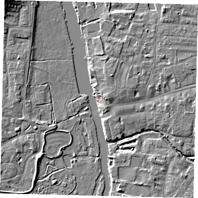 Shaded relief map of the ground around PE192PY, computed from Environment Agency LiDAR. The ground here sits at about 15 m above sea level and falls 8 m across the surrounding 800 m. Surface water reaching this point runs off ground lying to the east, 4.0 m higher.