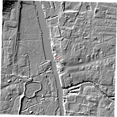 Shaded relief map of the ground around PE192PZ, computed from Environment Agency LiDAR. The ground here sits at about 16 m above sea level and falls 10 m across the surrounding 800 m. Surface water reaching this point runs off ground lying to the east-south-east, 1.8 m higher.