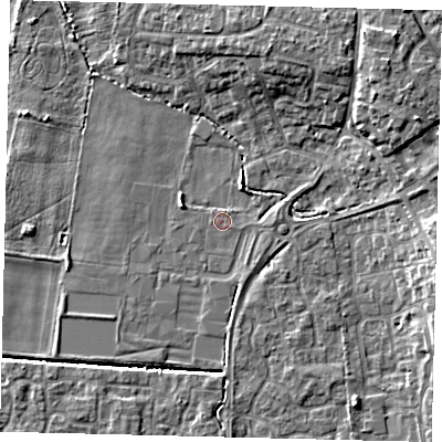 Shaded relief map of the ground around PE192SA, computed from Environment Agency LiDAR. The ground here sits at about 16 m above sea level and falls 8 m across the surrounding 800 m. Surface water reaching this point runs off ground lying to the south-south-east, 2.0 m higher.