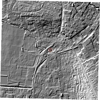 Shaded relief map of the ground around PE192SB, computed from Environment Agency LiDAR. The ground here sits at about 16 m above sea level and falls 13 m across the surrounding 800 m. Surface water reaching this point runs off ground lying to the south-east, 11.7 m higher.