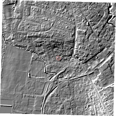 Shaded relief map of the ground around PE192SD, computed from Environment Agency LiDAR. The ground here sits at about 17 m above sea level and falls 12 m across the surrounding 800 m. Surface water reaching this point runs off ground lying to the east-north-east, 5.7 m higher.