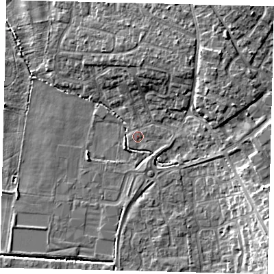 Shaded relief map of the ground around PE192SF, computed from Environment Agency LiDAR. The ground here sits at about 16 m above sea level and falls 10 m across the surrounding 800 m. Surface water reaching this point runs off ground lying to the south-east, 8.7 m higher.