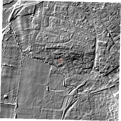 Shaded relief map of the ground around PE192SG, computed from Environment Agency LiDAR. The ground here sits at about 17 m above sea level and falls 9 m across the surrounding 800 m. Surface water reaching this point runs off ground lying to the north-north-east, 3.8 m higher.