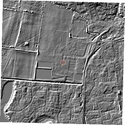 Shaded relief map of the ground around PE192SH, computed from Environment Agency LiDAR. The ground here sits at about 16 m above sea level and falls 8 m across the surrounding 800 m. The ground contributing surface water to this point lies to the south-west.