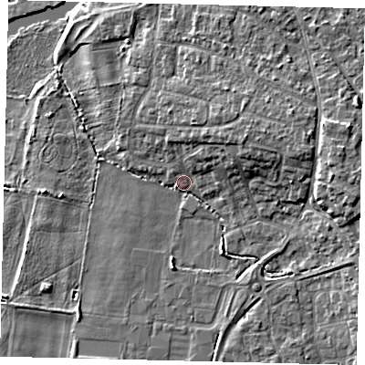 Shaded relief map of the ground around PE192SQ, computed from Environment Agency LiDAR. The ground here sits at about 16 m above sea level and falls 8 m across the surrounding 800 m. Surface water reaching this point runs off ground lying to the east, 6.8 m higher.