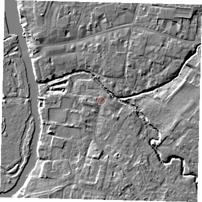 Shaded relief map of the ground around PE192SZ, computed from Environment Agency LiDAR. The ground here sits at about 15 m above sea level and falls 6 m across the surrounding 800 m. Surface water reaching this point runs off ground lying to the south-south-east, 4.4 m higher.