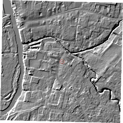 Shaded relief map of the ground around PE192TA, computed from Environment Agency LiDAR. The ground here sits at about 16 m above sea level and falls 6 m across the surrounding 800 m. Surface water reaching this point runs off ground lying to the south-south-east, 4.3 m higher.
