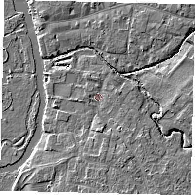 Shaded relief map of the ground around PE192TB, computed from Environment Agency LiDAR. The ground here sits at about 16 m above sea level and falls 6 m across the surrounding 800 m. Surface water reaching this point runs off ground lying to the south-south-east, 4.3 m higher.