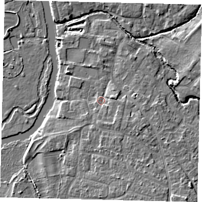 Shaded relief map of the ground around PE192TD, computed from Environment Agency LiDAR. The ground here sits at about 17 m above sea level and falls 8 m across the surrounding 800 m. Surface water reaching this point runs off ground lying to the south-east, 2.9 m higher.