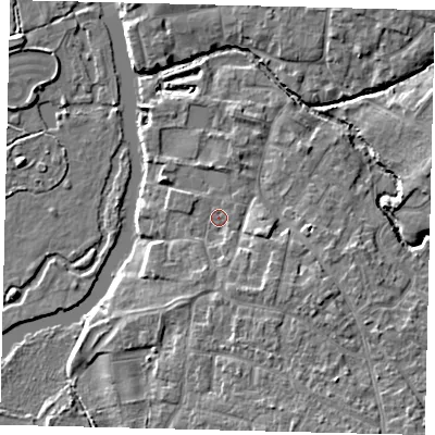 Shaded relief map of the ground around PE192TG, computed from Environment Agency LiDAR. The ground here sits at about 16 m above sea level and falls 7 m across the surrounding 800 m. Surface water reaching this point runs off ground lying to the south-south-east, 2.5 m higher.