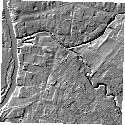 Shaded relief map of the ground around PE192TQ, computed from Environment Agency LiDAR. The ground here sits at about 16 m above sea level and falls 6 m across the surrounding 800 m. Surface water reaching this point runs off ground lying to the north-north-east, 0.8 m higher.