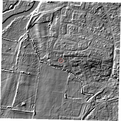 Shaded relief map of the ground around PE192UG, computed from Environment Agency LiDAR. The ground here sits at about 16 m above sea level and falls 8 m across the surrounding 800 m. Surface water reaching this point runs off ground lying to the east-north-east, 4.3 m higher.