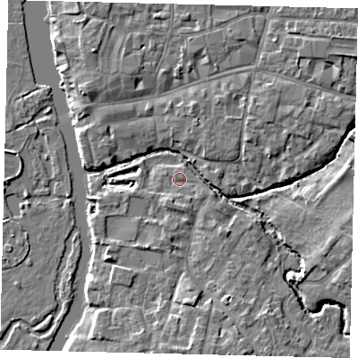 Shaded relief map of the ground around PE192UY, computed from Environment Agency LiDAR. The ground here sits at about 15 m above sea level and falls 6 m across the surrounding 800 m. Surface water reaching this point runs off ground lying to the south-south-east, 4.6 m higher.
