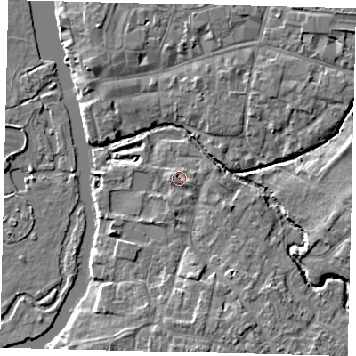 Shaded relief map of the ground around PE192XQ, computed from Environment Agency LiDAR. The ground here sits at about 16 m above sea level and falls 6 m across the surrounding 800 m. Surface water reaching this point runs off ground lying to the south-east, 0.8 m higher.