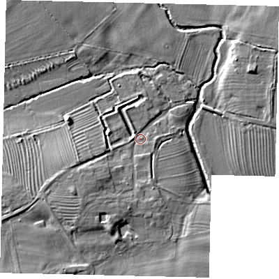 Shaded relief map of the ground around PE195BB, computed from Environment Agency LiDAR. The ground here sits at about 27 m above sea level and falls 10 m across the surrounding 800 m. Surface water reaching this point runs off ground lying to the south-west, 6.0 m higher.