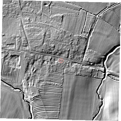 Shaded relief map of the ground around PE195DA, computed from Environment Agency LiDAR. The ground here sits at about 27 m above sea level and falls 9 m across the surrounding 800 m. Surface water reaching this point runs off ground lying to the west-north-west, 3.3 m higher.