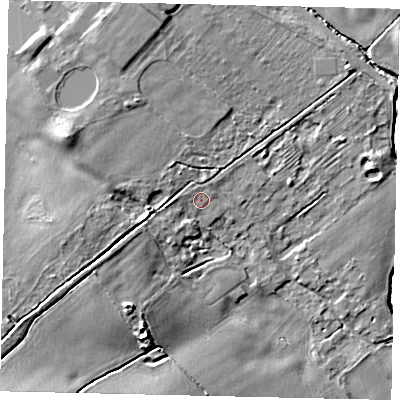 Shaded relief map of the ground around PE195EE, computed from Environment Agency LiDAR. The ground here sits at about 34 m above sea level and falls 12 m across the surrounding 800 m. Surface water reaching this point runs off ground lying to the west, 1.9 m higher.