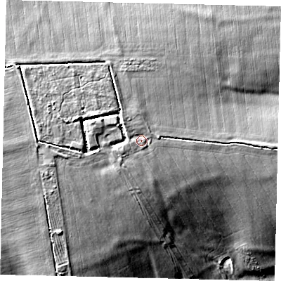 Shaded relief map of the ground around PE195JB, computed from Environment Agency LiDAR. The ground here sits at about 46 m above sea level and falls 19 m across the surrounding 800 m. Surface water reaching this point runs off ground lying to the west-north-west, 4.8 m higher.