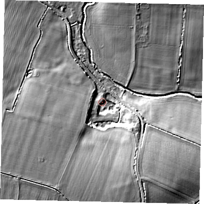 Shaded relief map of the ground around PE195LB, computed from Environment Agency LiDAR. The ground here sits at about 22 m above sea level and falls 22 m across the surrounding 800 m. Surface water reaching this point runs off ground lying to the south-west, 17.9 m higher.