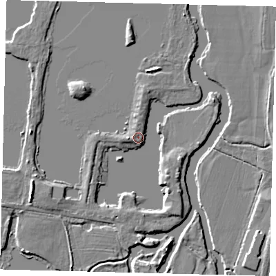 Shaded relief map of the ground around PE195QS, computed from Environment Agency LiDAR. The ground here sits at about 12 m above sea level and falls 6 m across the surrounding 800 m. Surface water reaching this point runs off ground lying to the south-south-east, 3.2 m higher.