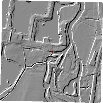 Shaded relief map of the ground around PE195QT, computed from Environment Agency LiDAR. The ground here sits at about 11 m above sea level and falls 6 m across the surrounding 800 m. Surface water reaching this point runs off ground lying to the west-north-west, 4.6 m higher.