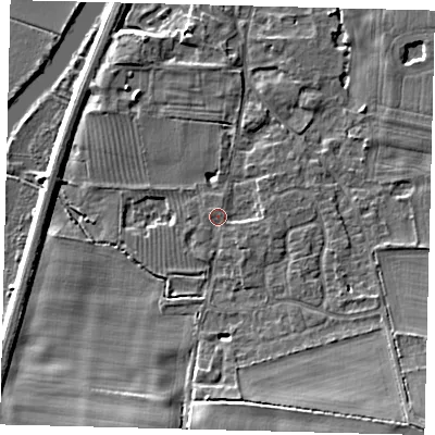 Shaded relief map of the ground around PE195RF, computed from Environment Agency LiDAR. The ground here sits at about 16 m above sea level and falls 12 m across the surrounding 800 m. Surface water reaching this point runs off ground lying to the west-north-west, 0.5 m higher.