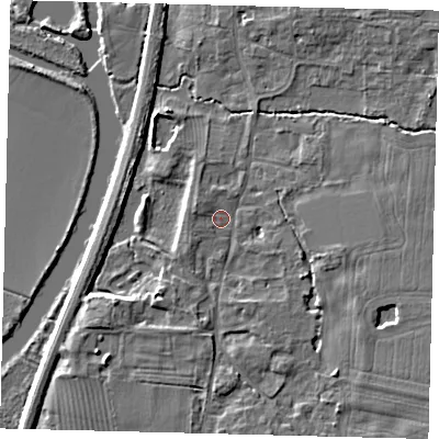 Shaded relief map of the ground around PE195RH, computed from Environment Agency LiDAR. The ground here sits at about 14 m above sea level and falls 6 m across the surrounding 800 m. Surface water reaching this point runs off ground lying to the west-north-west, 1.5 m higher.