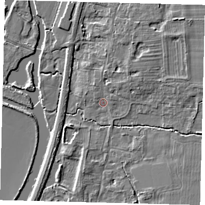 Shaded relief map of the ground around PE195RQ, computed from Environment Agency LiDAR. The ground here sits at about 13 m above sea level and falls 6 m across the surrounding 800 m. Surface water reaching this point runs off ground lying to the north-east, 3.0 m higher.
