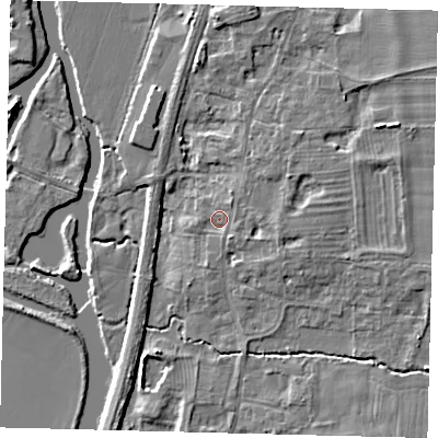 Shaded relief map of the ground around PE195RR, computed from Environment Agency LiDAR. The ground here sits at about 13 m above sea level and falls 6 m across the surrounding 800 m. Surface water reaching this point runs off ground lying to the east-north-east, 2.5 m higher.