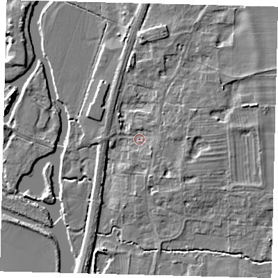 Shaded relief map of the ground around PE195RU, computed from Environment Agency LiDAR. The ground here sits at about 12 m above sea level and falls 6 m across the surrounding 800 m. Surface water reaching this point runs off ground lying to the east-north-east, 2.5 m higher.