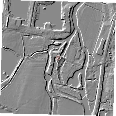 Shaded relief map of the ground around PE195RX, computed from Environment Agency LiDAR. The ground here sits at about 13 m above sea level and falls 6 m across the surrounding 800 m. Surface water reaching this point runs off ground lying to the west-south-west, 1.9 m higher.
