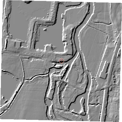 Shaded relief map of the ground around PE195RY, computed from Environment Agency LiDAR. The ground here sits at about 12 m above sea level and falls 6 m across the surrounding 800 m. Surface water reaching this point runs off ground lying to the west-north-west, 4.6 m higher.