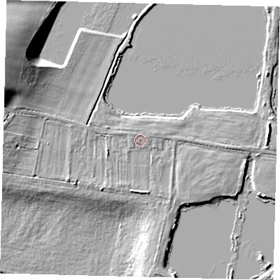 Shaded relief map of the ground around PE195SN, computed from Environment Agency LiDAR. The ground here sits at about 13 m above sea level and falls 14 m across the surrounding 800 m. Surface water reaching this point runs off ground lying to the west-north-west, 0.6 m higher.