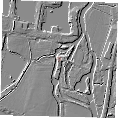 Shaded relief map of the ground around PE195WX, computed from Environment Agency LiDAR. The ground here sits at about 13 m above sea level and falls 6 m across the surrounding 800 m. Surface water reaching this point runs off ground lying to the south-south-east, 3.2 m higher.