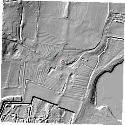 Shaded relief map of the ground around PE195XU, computed from Environment Agency LiDAR. The ground here sits at about 15 m above sea level and falls 14 m across the surrounding 800 m. Surface water reaching this point runs off ground lying to the north-west, 10.8 m higher.