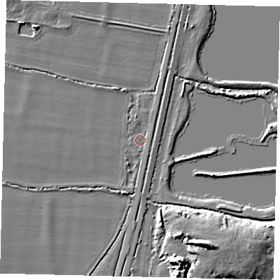 Shaded relief map of the ground around PE195YF, computed from Environment Agency LiDAR. The ground here sits at about 17 m above sea level and falls 14 m across the surrounding 800 m. Surface water reaching this point runs off ground lying to the north-west, 4.9 m higher.