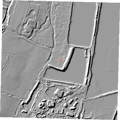 Shaded relief map of the ground around PE195YQ, computed from Environment Agency LiDAR. The ground here sits at about 14 m above sea level and falls 10 m across the surrounding 800 m. Surface water reaching this point runs off ground lying to the east, 5.7 m higher.