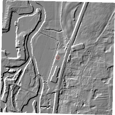 Shaded relief map of the ground around PE195ZA, computed from Environment Agency LiDAR. The ground here sits at about 12 m above sea level and falls 6 m across the surrounding 800 m. Surface water reaching this point runs off ground lying to the north-east, 1.4 m higher.