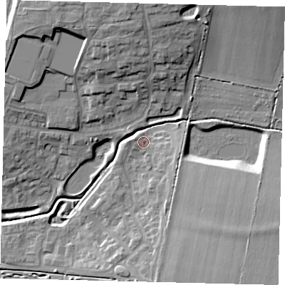 Shaded relief map of the ground around PE196BB, computed from Environment Agency LiDAR. The ground here sits at about 26 m above sea level and falls 16 m across the surrounding 800 m. Surface water reaching this point runs off ground lying to the south-east, 3.4 m higher.