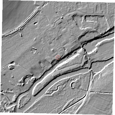 Shaded relief map of the ground around PE196BU, computed from Environment Agency LiDAR. The ground here sits at about 16 m above sea level and falls 13 m across the surrounding 800 m. Surface water reaching this point runs off ground lying to the north-east, 0.6 m higher.