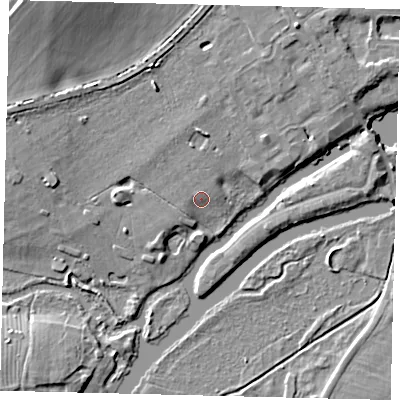 Shaded relief map of the ground around PE196DZ, computed from Environment Agency LiDAR. The ground here sits at about 16 m above sea level and falls 13 m across the surrounding 800 m. Surface water reaching this point runs off ground lying to the north-west, 2.1 m higher.